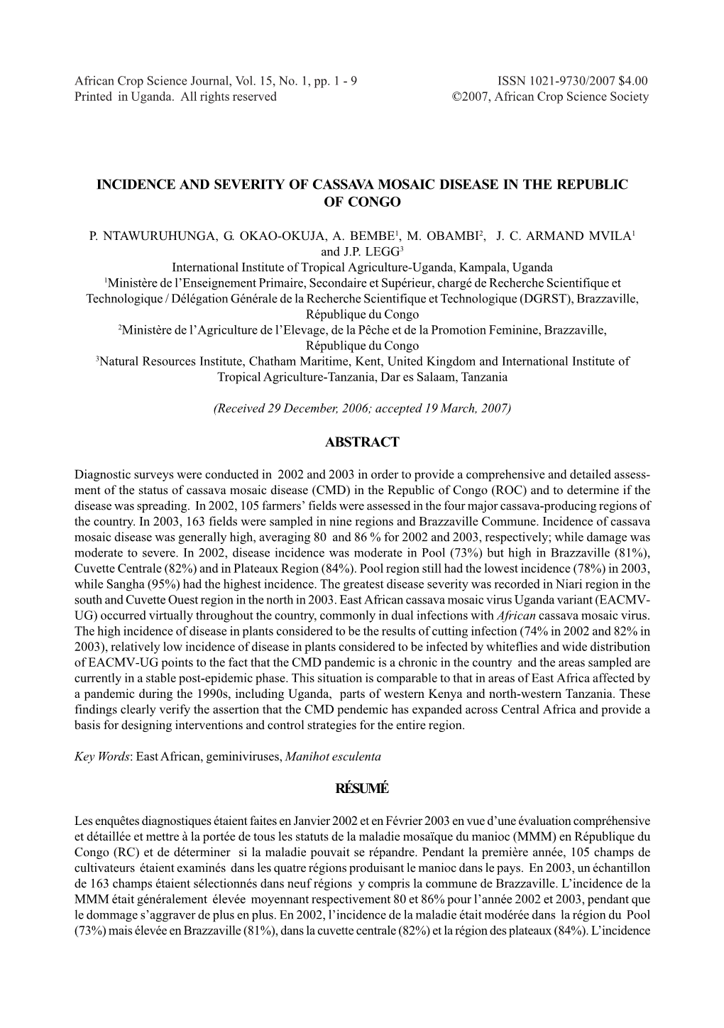 Incidence and Severity of Cassava Mosaic Disease in the Republic of Congo