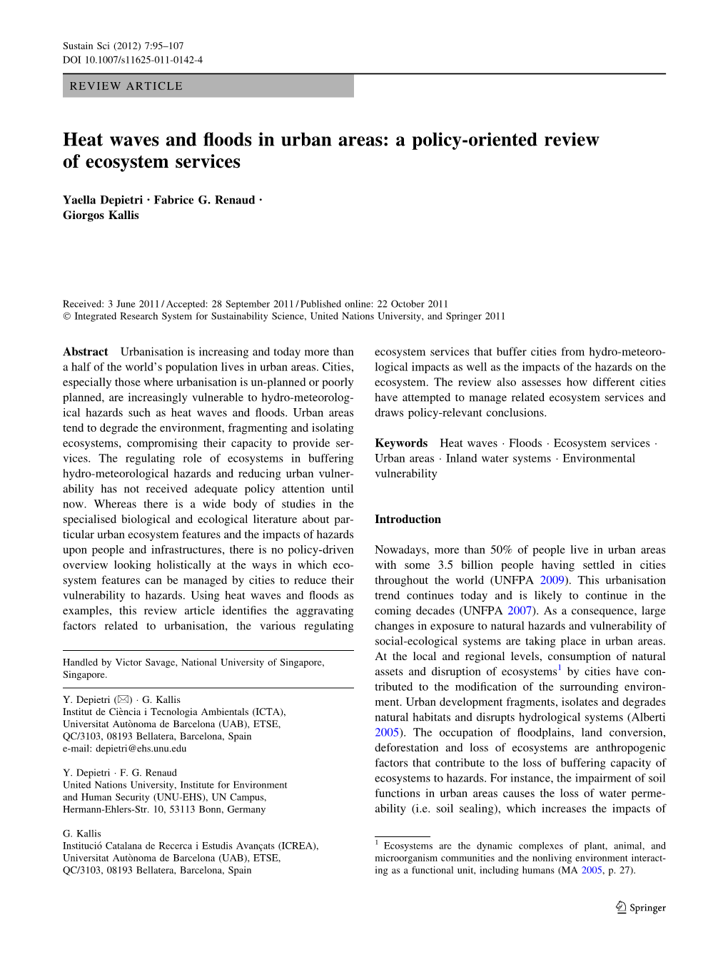 Heat Waves and Floods in Urban Areas: a Policy-Oriented Review Of