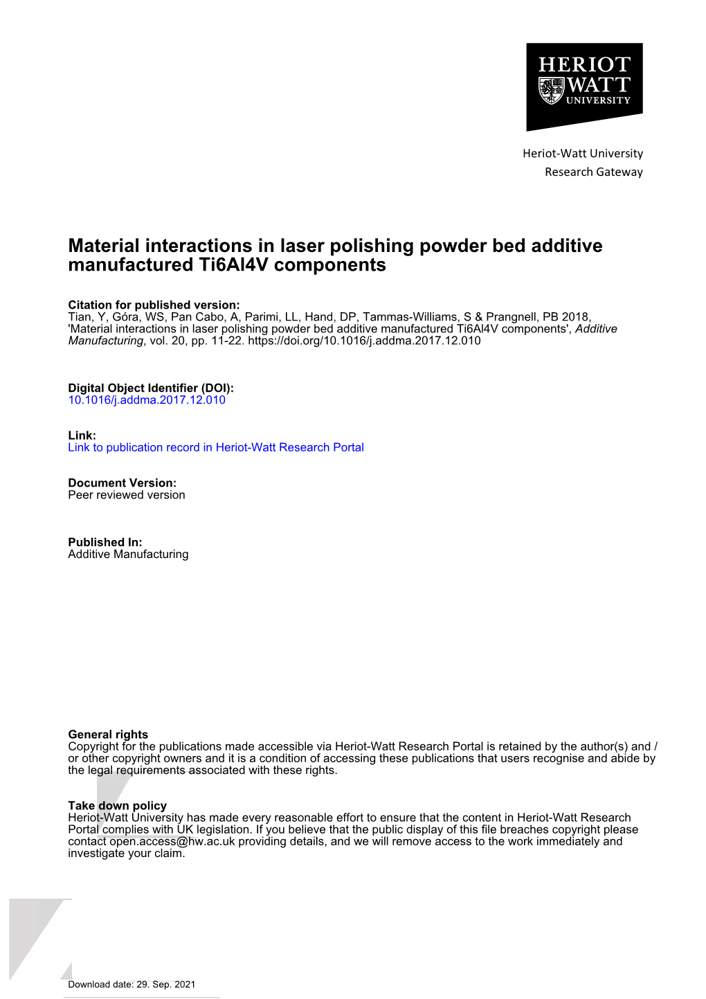 Material Interactions in Laser Polishing Powder Bed Additive Manufactured Ti6al4v Components