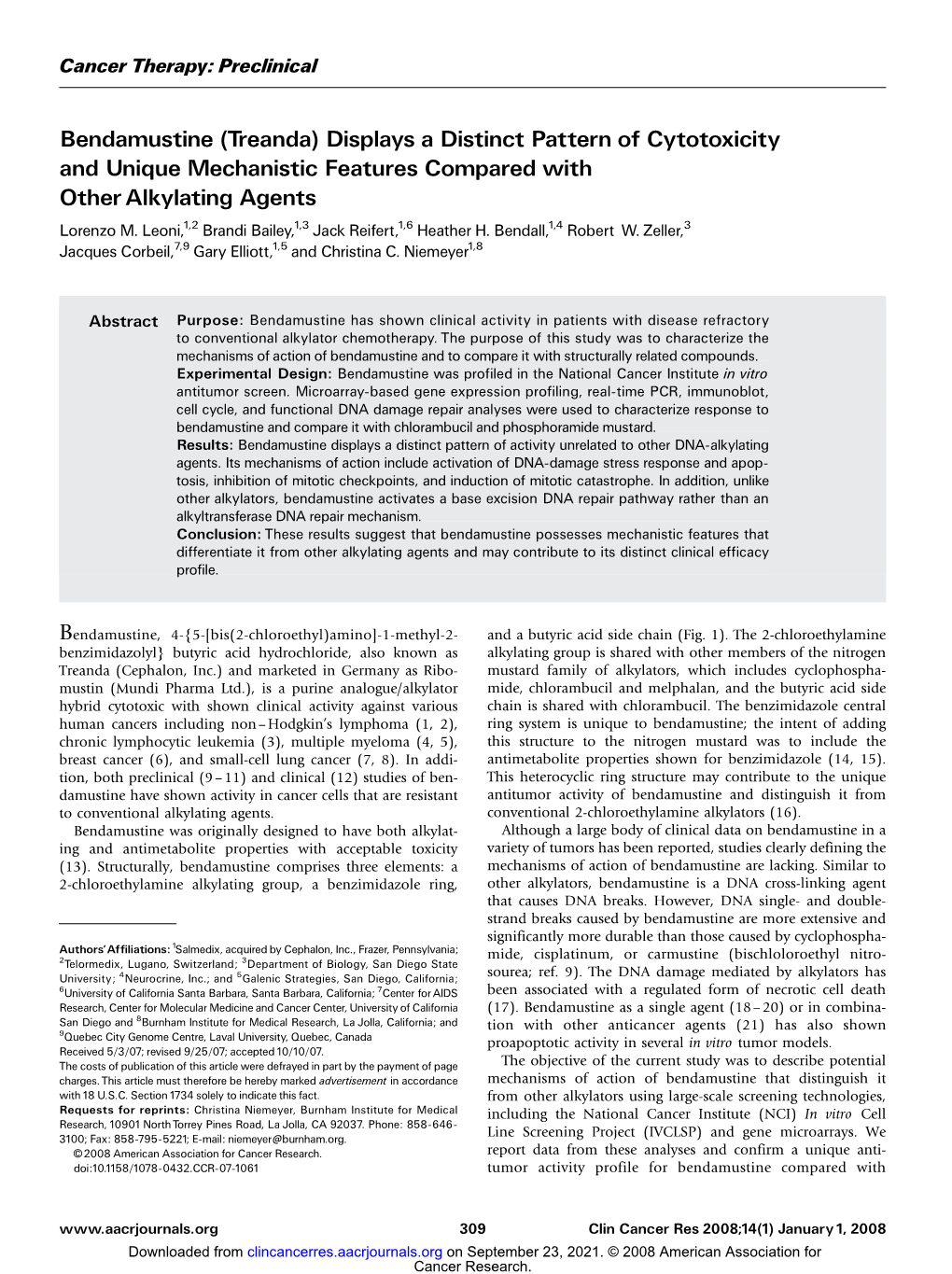 Bendamustine (Treanda) Displays a Distinct Pattern of Cytotoxicity and Unique Mechanistic Features Compared with Other Alkylating Agents Lorenzo M