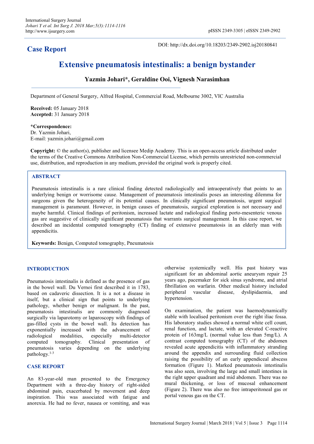 Case Report Extensive Pneumatosis Intestinalis: a Benign Bystander