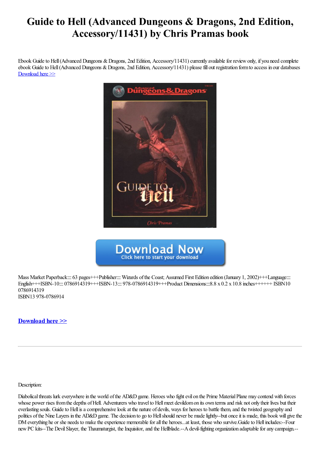 Guide to Hell (Advanced Dungeons & Dragons, 2Nd Edition, Accessory/11431) by Chris Pramas [Book]