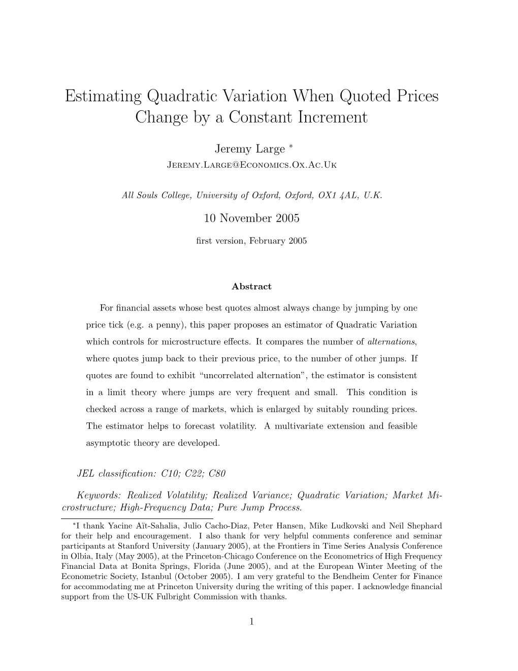 Estimating Quadratic Variation When Quoted Prices Change by a Constant Increment