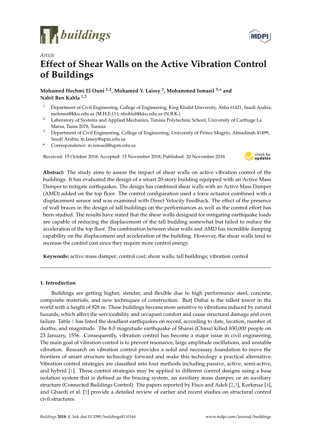 Effect of Shear Walls on the Active Vibration Control of Buildings