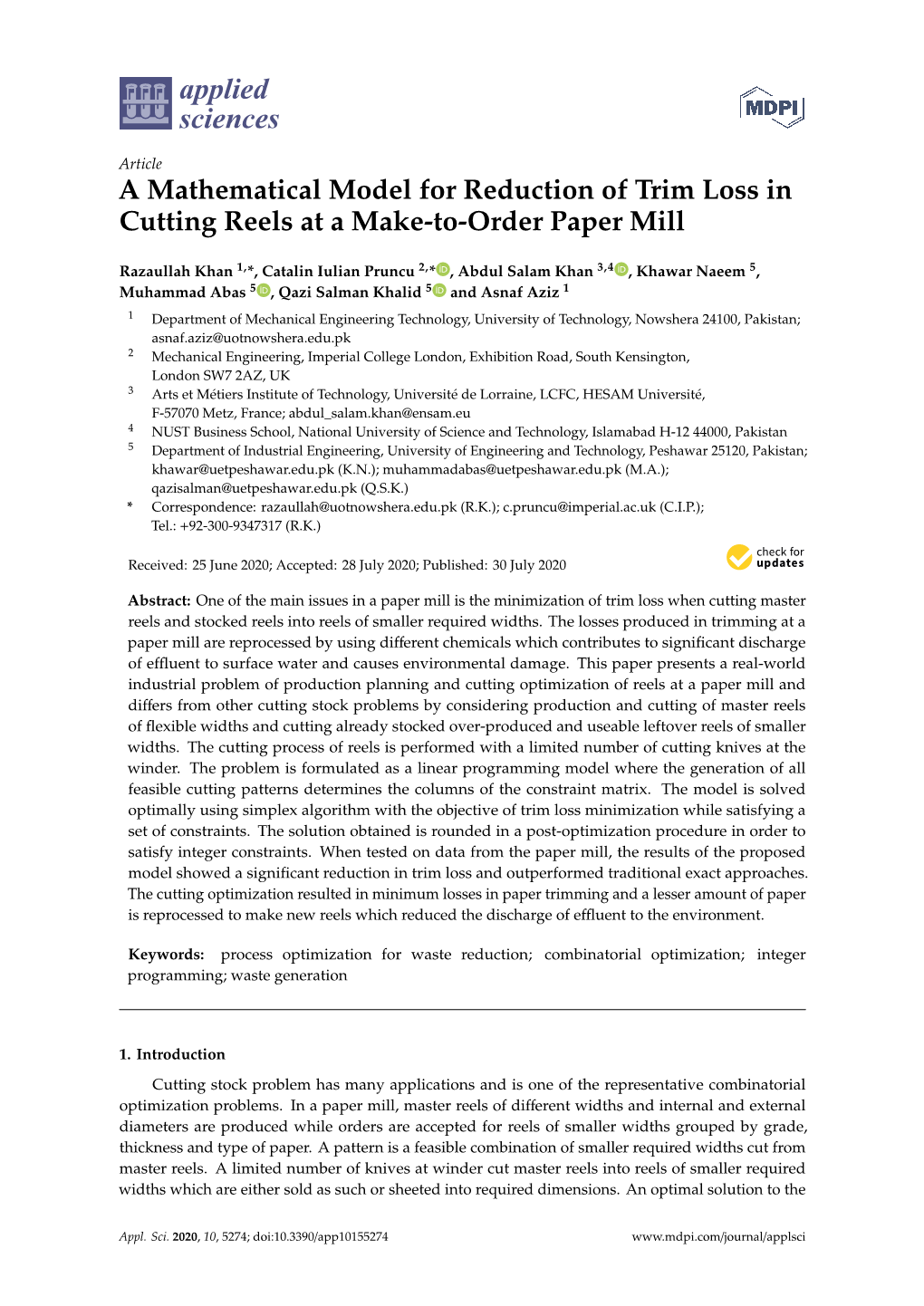 A Mathematical Model for Reduction of Trim Loss in Cutting Reels at a Make-To-Order Paper Mill
