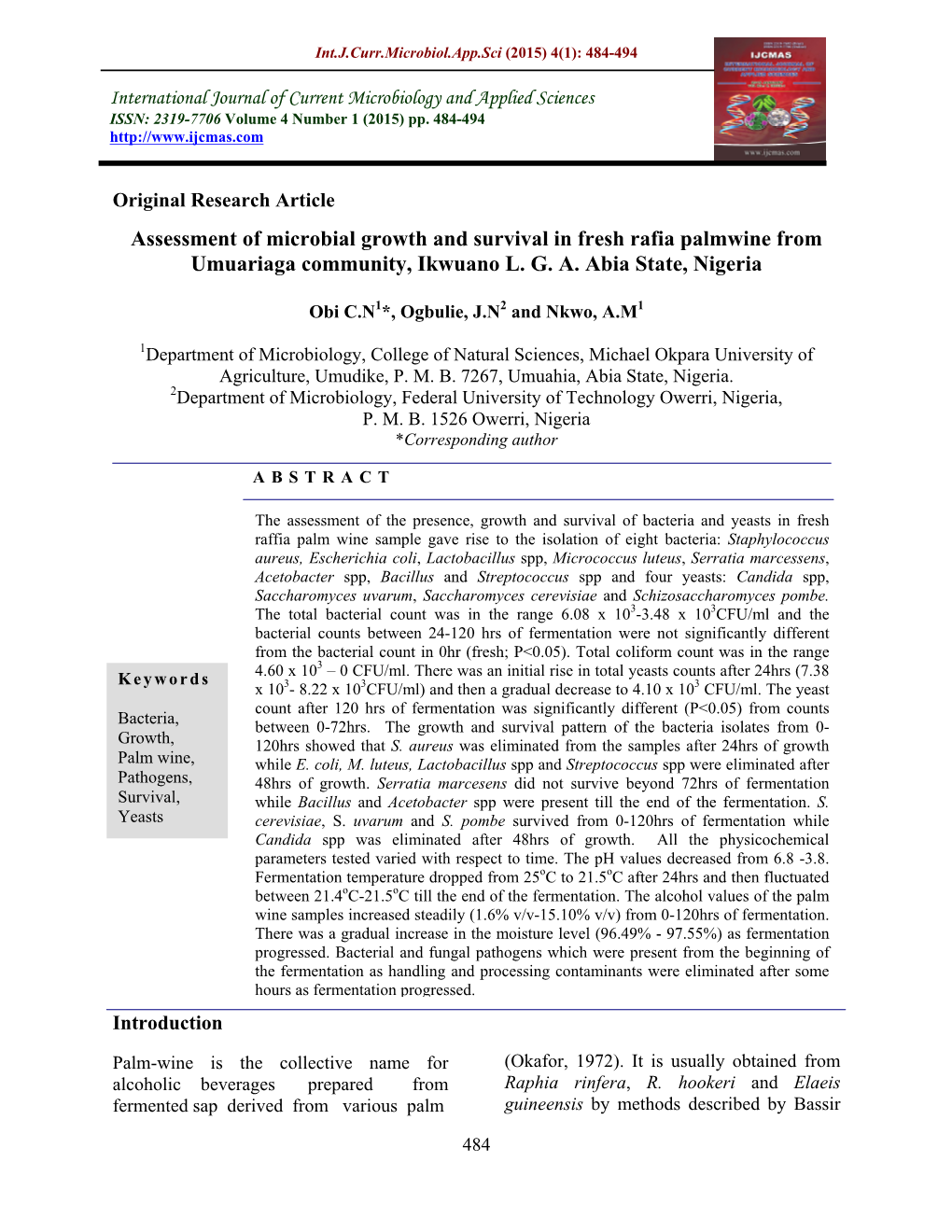 Assessment of Microbial Growth and Survival in Fresh Rafia Palmwine from Umuariaga Community, Ikwuano L