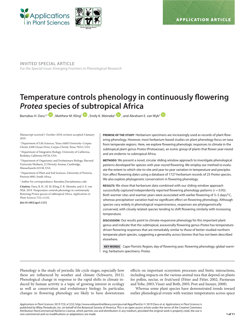 Temperature Controls Phenology in Continuously Flowering Protea Species of Subtropical Africa