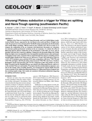 Hikurangi Plateau Subduction a Trigger for Vitiaz Arc Splitting and Havre Trough Opening (Southwestern Pacific) K