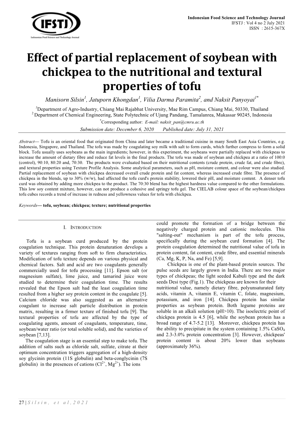 Effect of Partial Replacement of Soybean with Chickpea to the Nutritional and Textural Properties of Tofu