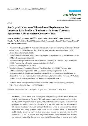 An Organic Khorasan Wheat-Based Replacement Diet Improves Risk Profile of Patients with Acute Coronary Syndrome: a Randomized Crossover Trial
