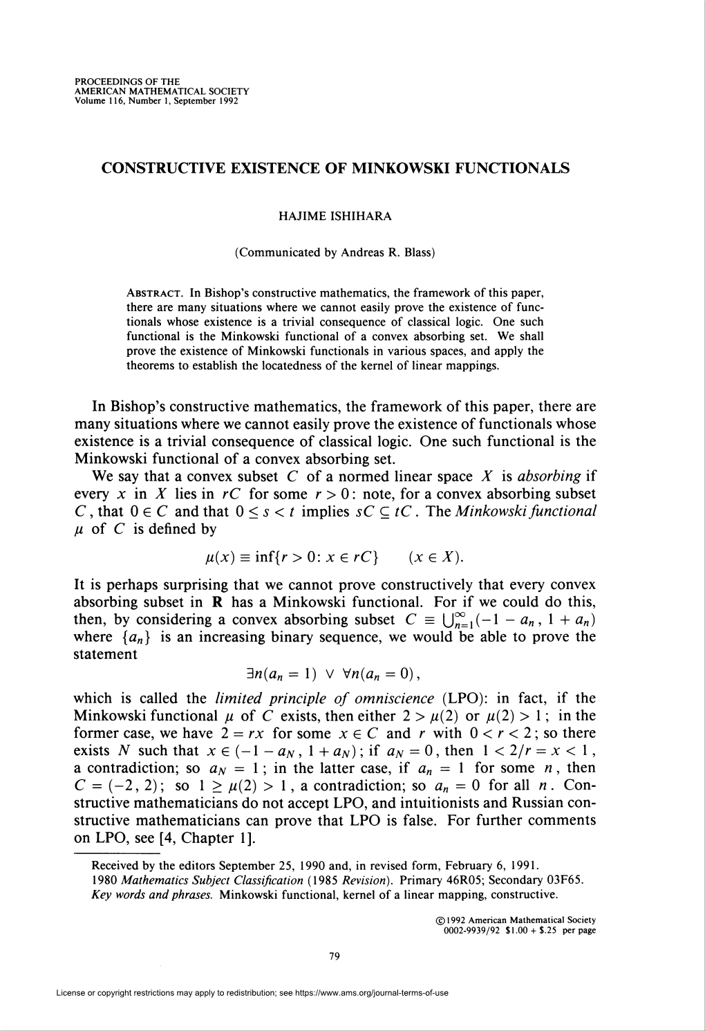 Constructive Existence of Minkowski Functionals