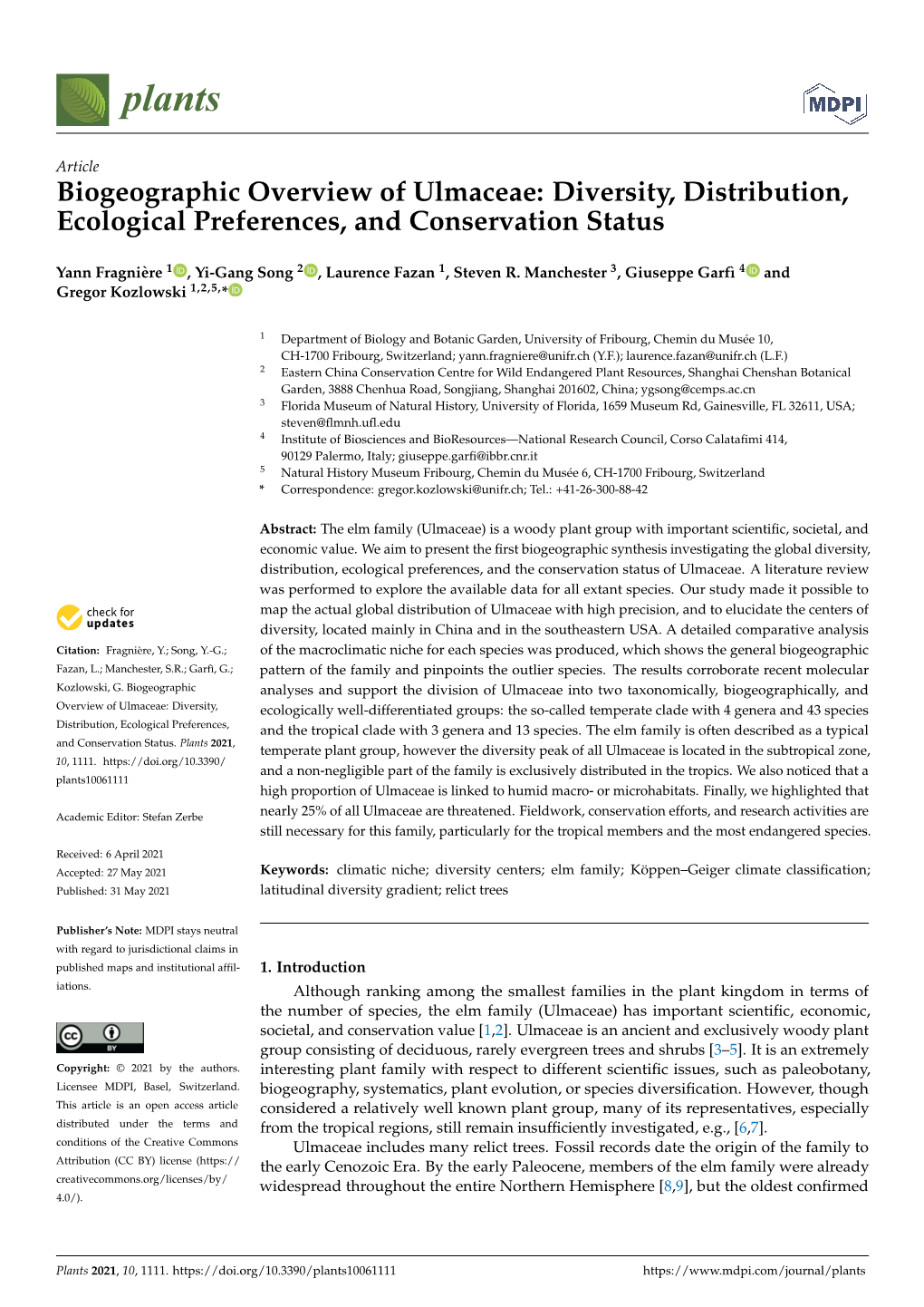 Biogeographic Overview of Ulmaceae: Diversity, Distribution, Ecological Preferences, and Conservation Status