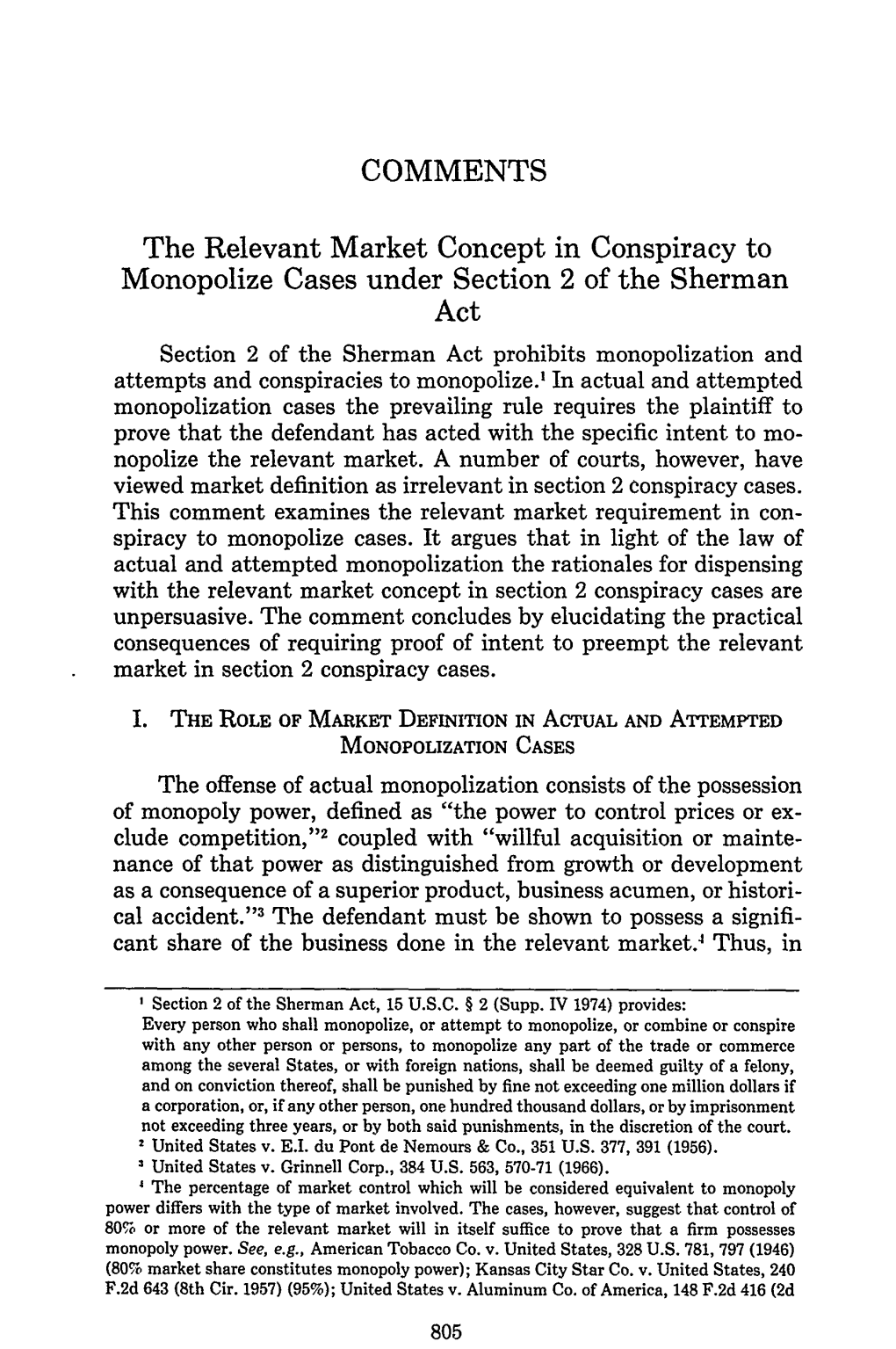 The Relevant Market Concept in Conspiracy to Monopolize Cases