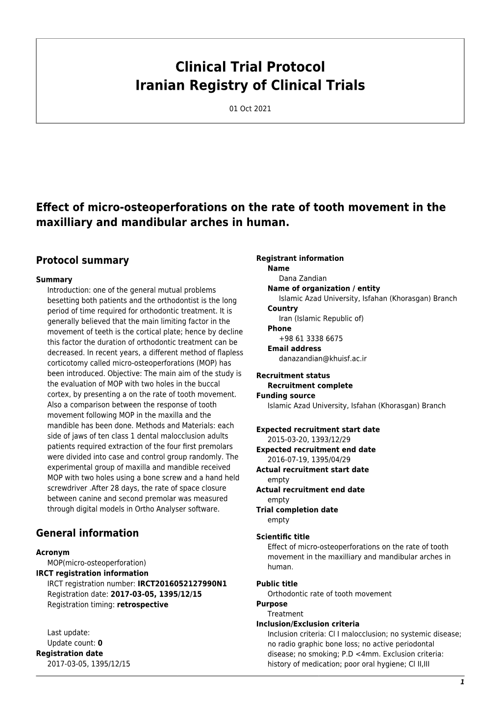 Clinical Trial Protocol Iranian Registry of Clinical Trials