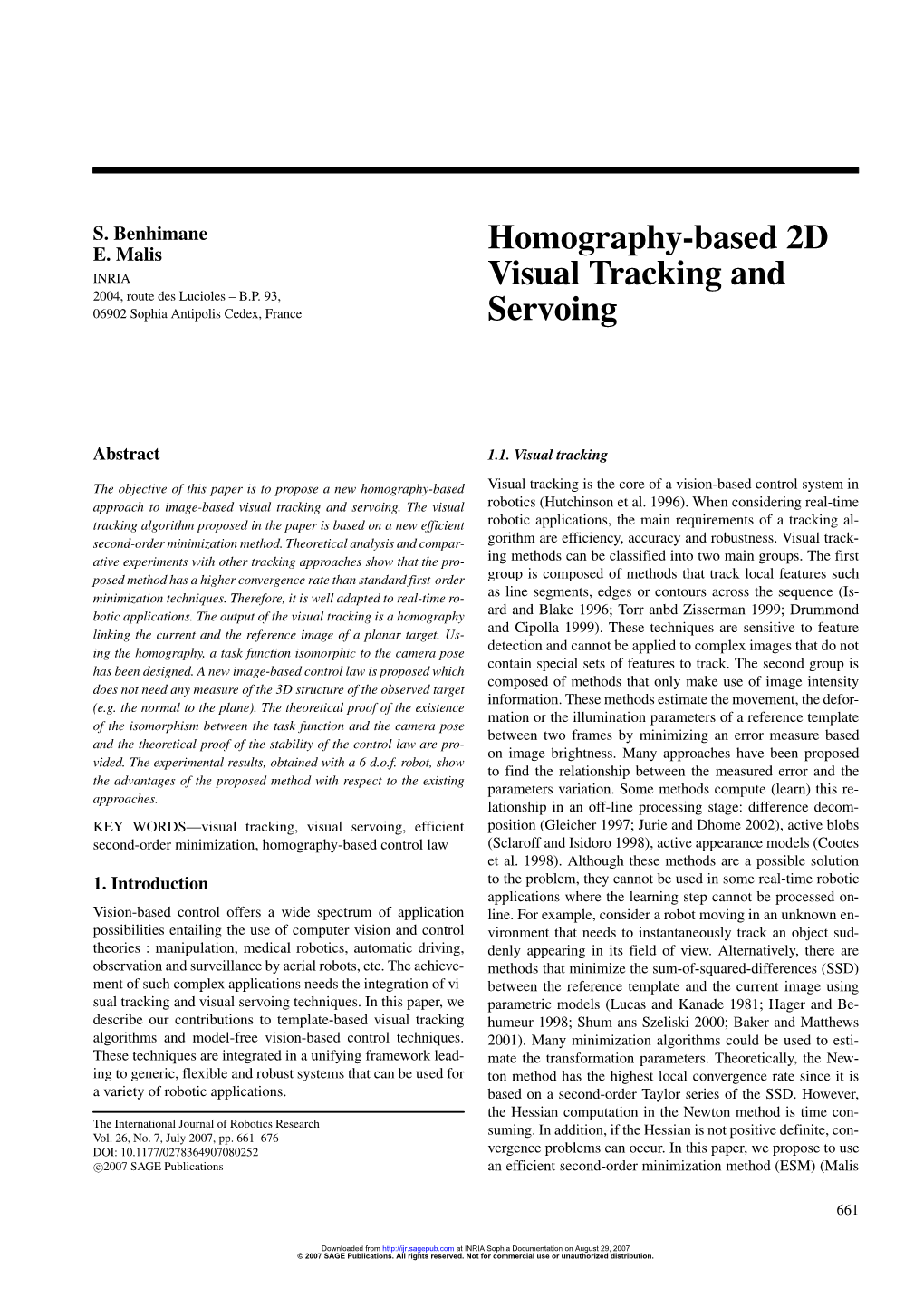 Homography-Based 2D Visual Tracking and Servoing 663