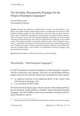 The Neolithic Discontinuity Paradigm for the Origin of European Languages 153