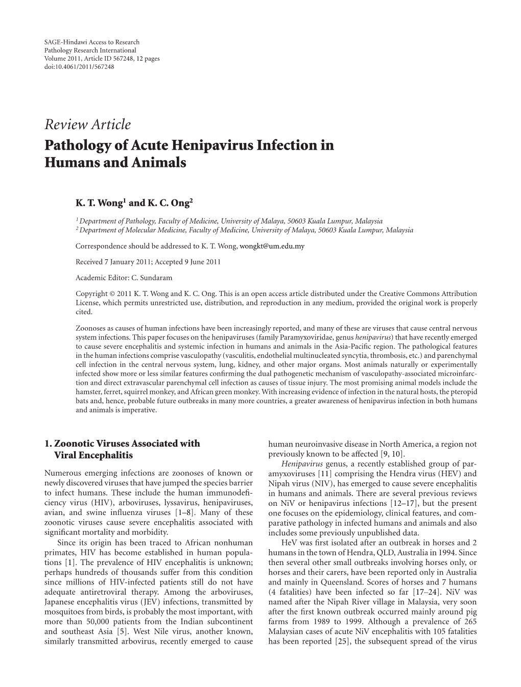 Pathology of Acute Henipavirus Infection in Humans and Animals