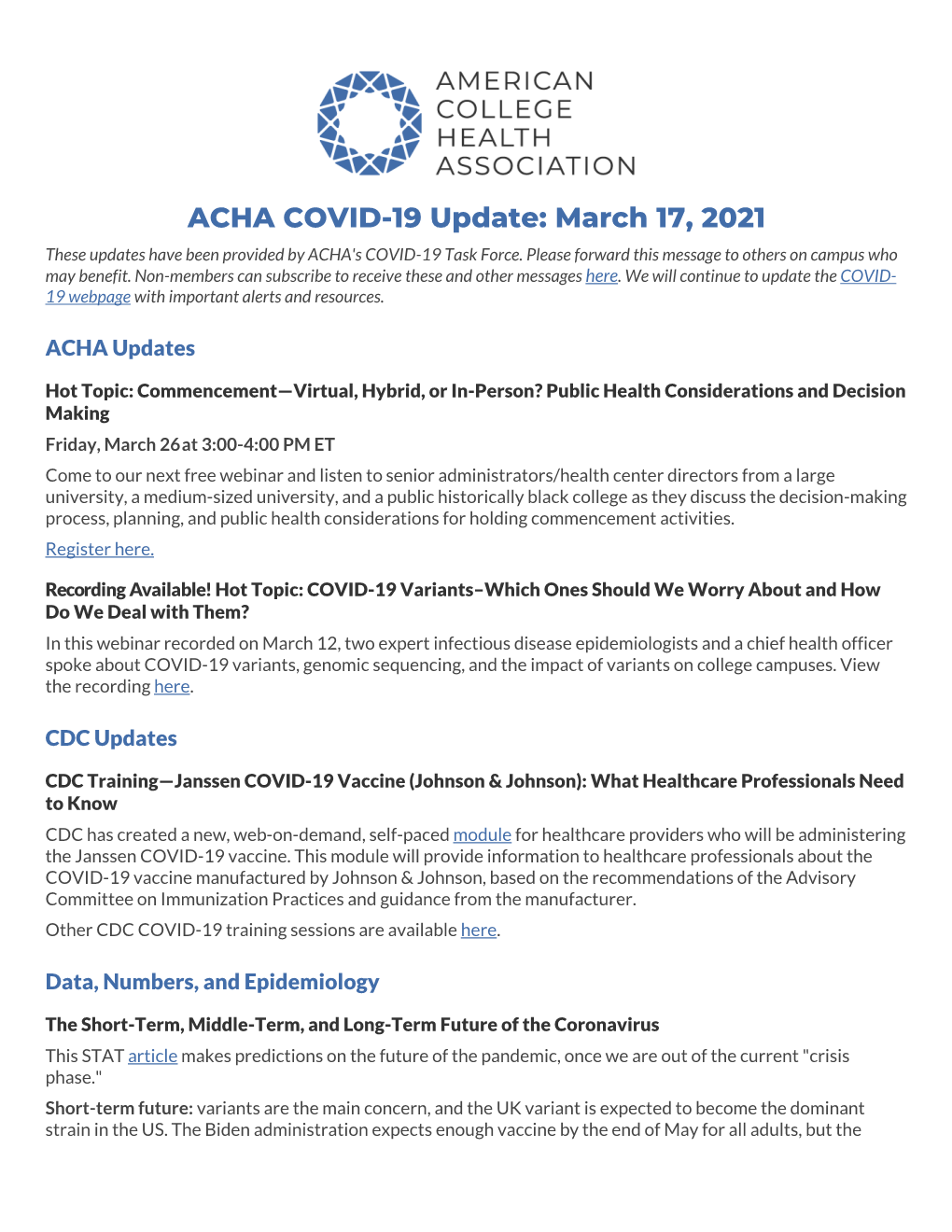 March 17, 2021 These Updates Have Been Provided by ACHA's COVID-19 Task Force