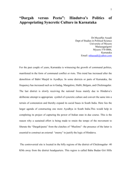 Dargah Versus Peeta”: Hindutva’S Politics of Appropriating Syncretic Culture in Karnataka