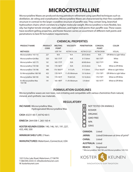 MICROCRYSTALLINE Microcrystalline Waxes Are Produced During Petroleum Refinement Using Specified Techniques Such As Distillation, De-Oiling and Crystallization