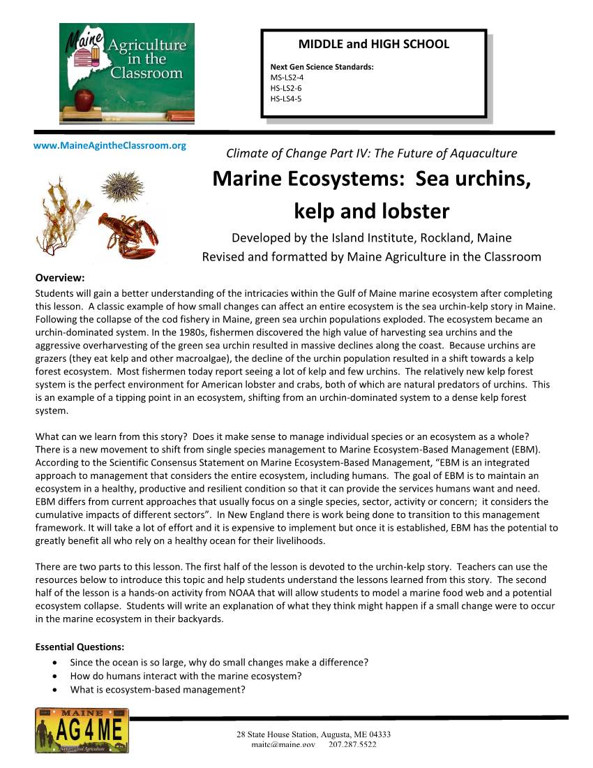 Marine Ecosystems: Sea Urchins, Kelp and Lobster