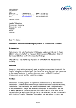 18 March 2010 Head of Education Greensward Academy Greensward Lane Hockley Essex SS5 5HG Dear Mrs Stokes Academies Initiative: M