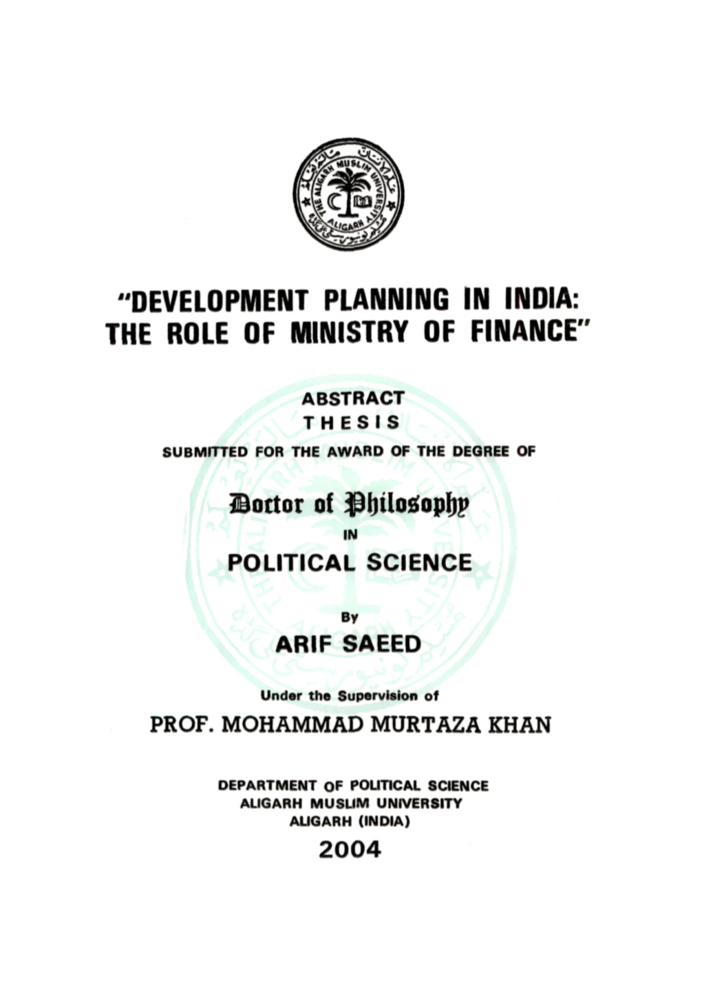 Development Planning in India: the Role of Ministry of Finance