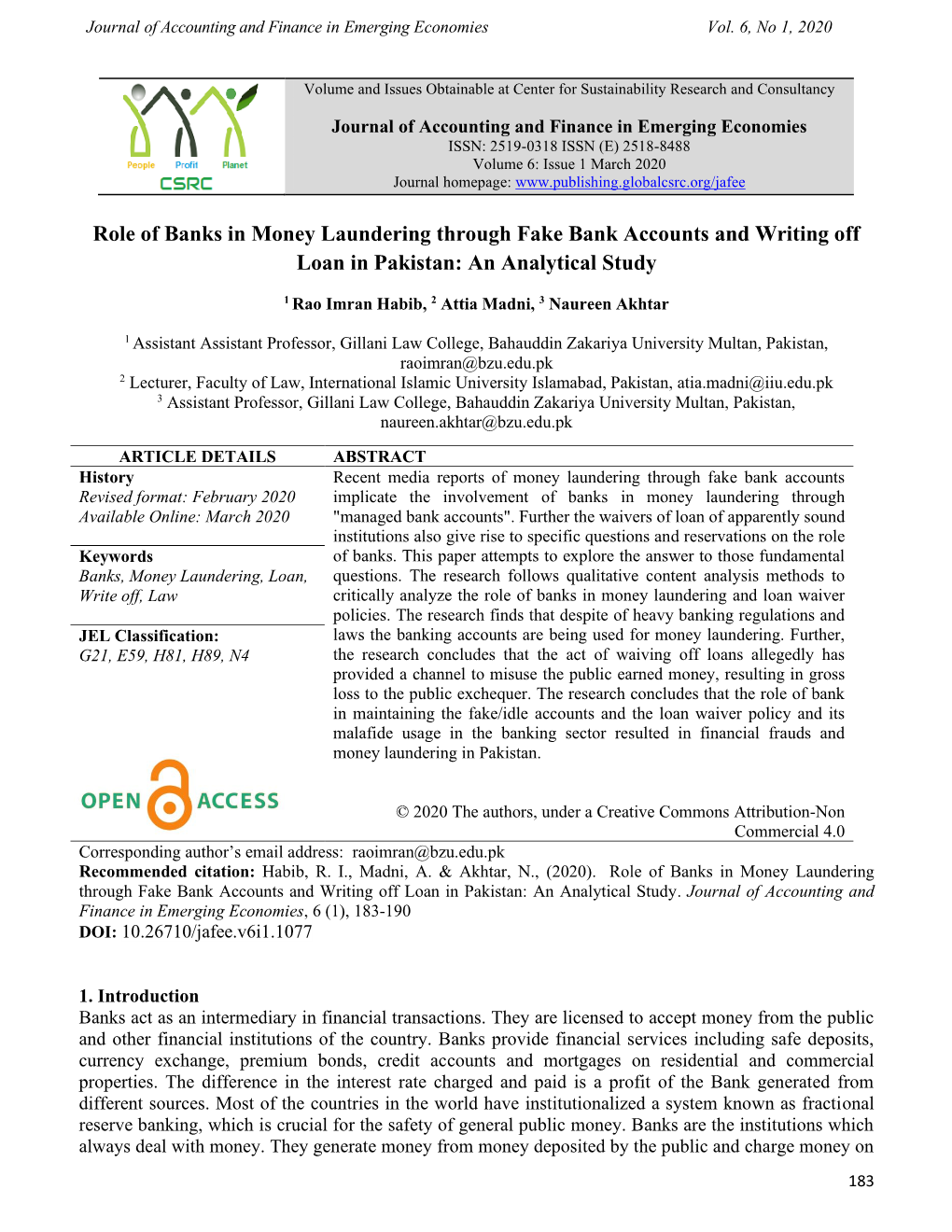 Role of Banks in Money Laundering Through Fake Bank Accounts and Writing Off Loan in Pakistan: an Analytical Study