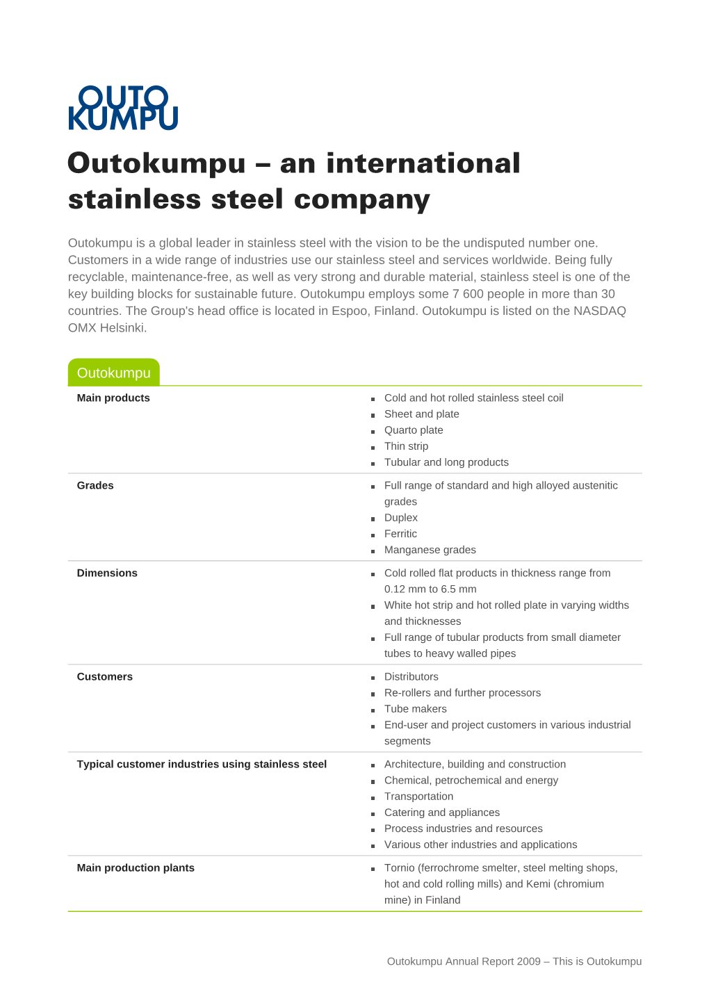 Outokumpu – an International Stainless Steel Company