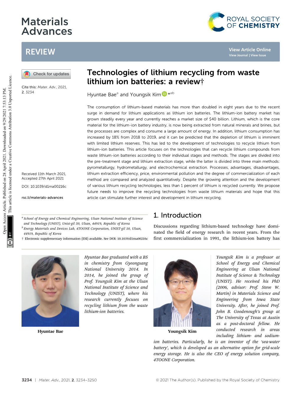 Technologies of Lithium Recycling from Waste Lithium Ion Batteries: a Review† Cite This: Mater
