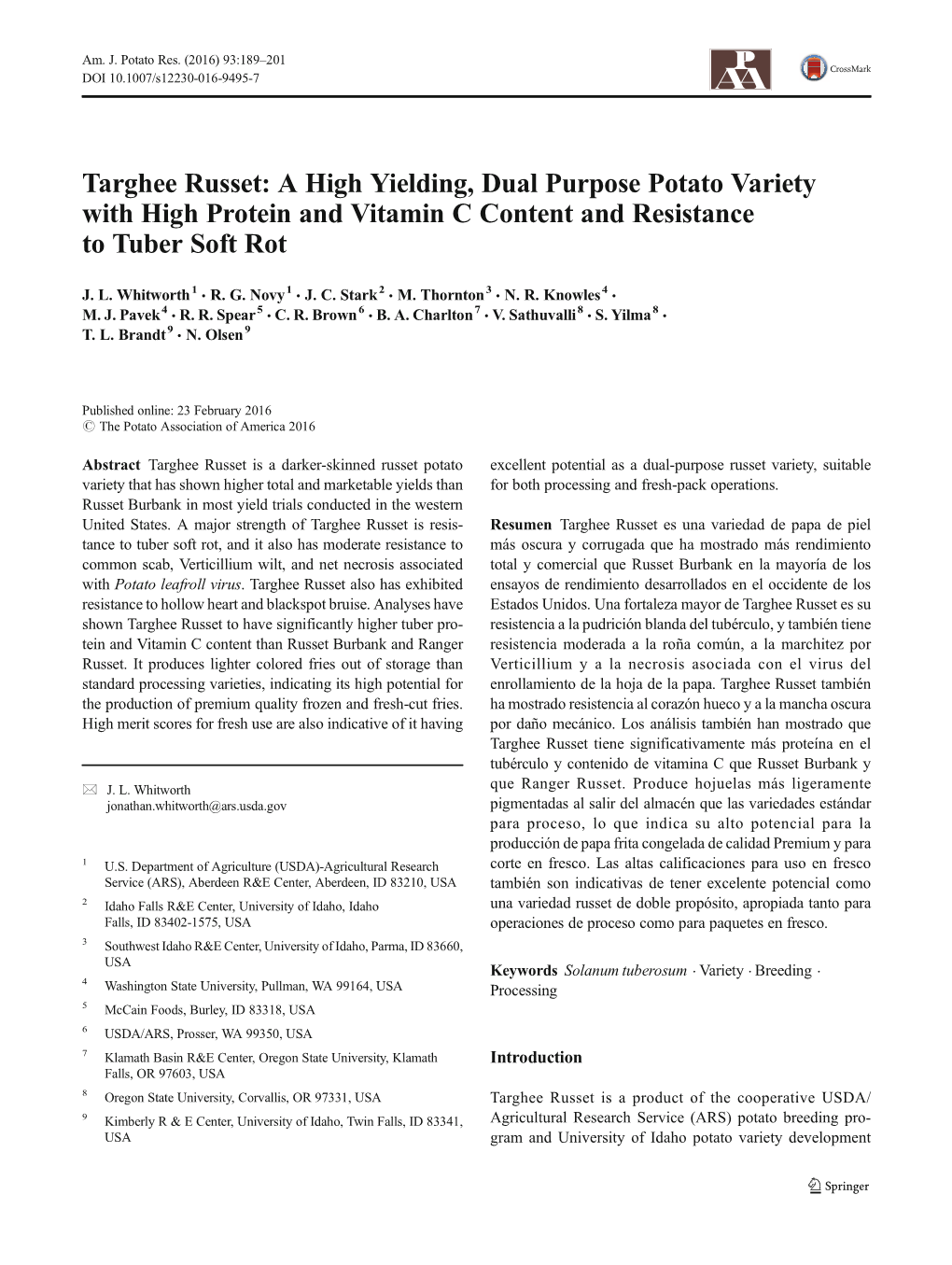 Targhee Russet: a High Yielding, Dual Purpose Potato Variety with High Protein and Vitamin C Content and Resistance to Tuber Soft Rot