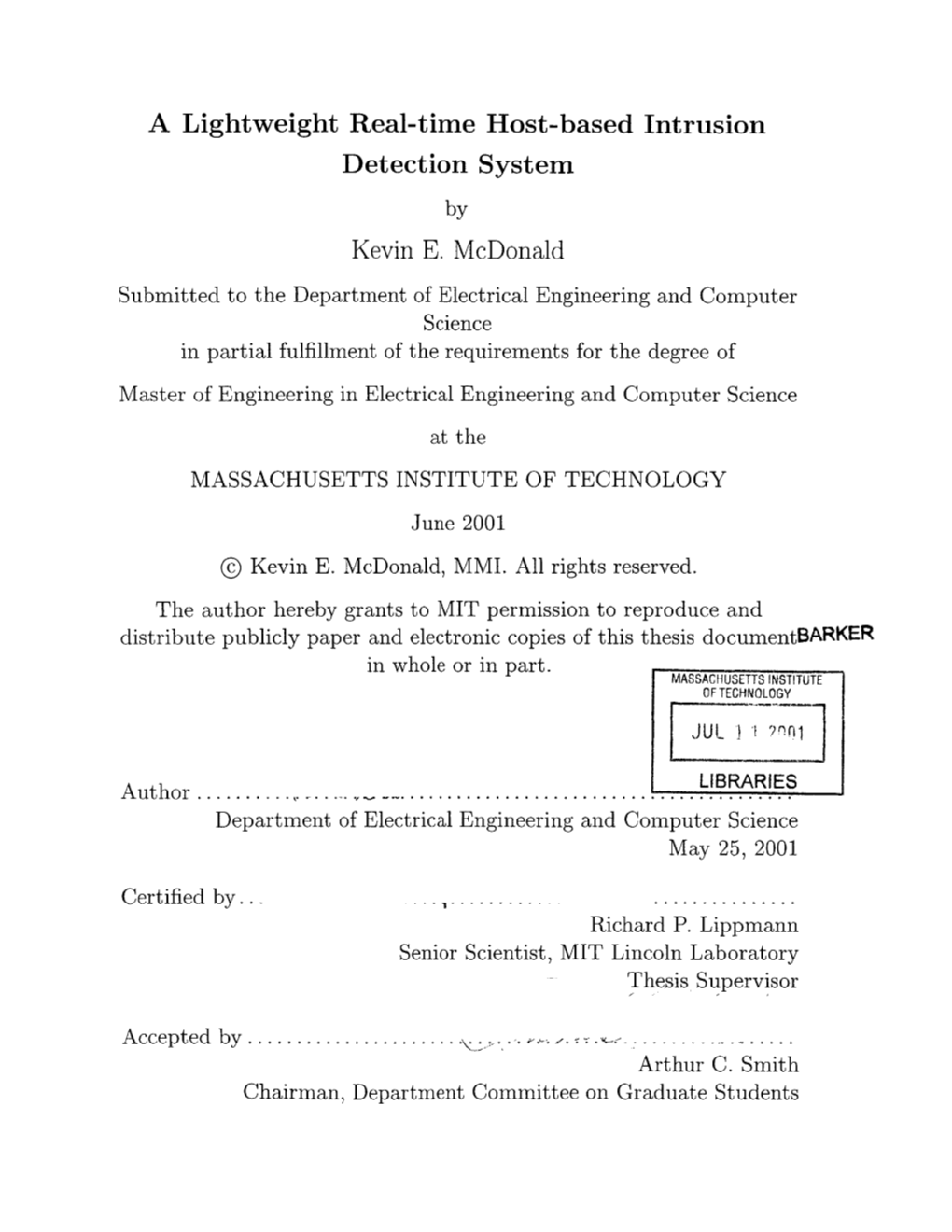 A Lightweight Real-Time Host-Based Intrusion Detection System by Kevin E