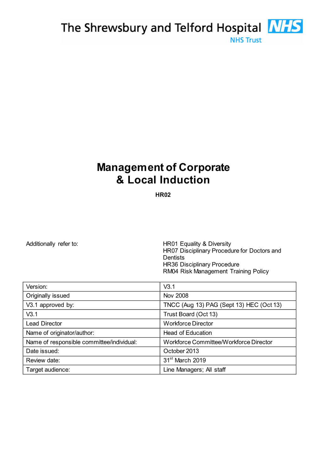 Management of Corporate and Local Induction – HR02