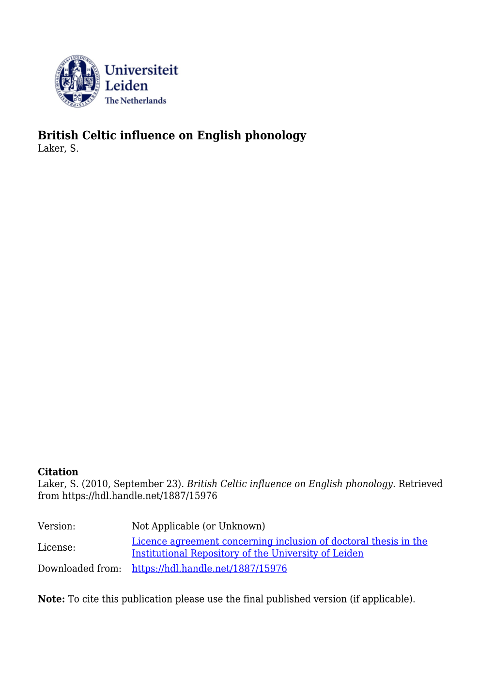 British Celtic Influence on English Phonology Laker, S