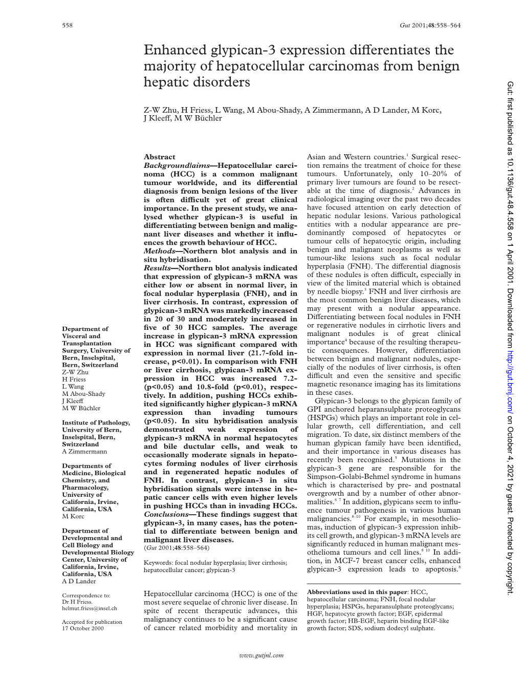 Enhanced Glypican-3 Expression Diverentiates the Majority of Hepatocellular Carcinomas from Benign Hepatic Disorders