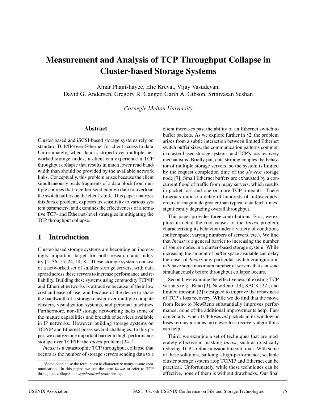 Measurement and Analysis of TCP Throughput Collapse in Cluster-Based Storage Systems