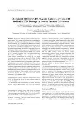 Checkpoint Effectors CDKN1A and Gadd45 Correlate with Oxidative DNA Damage in Human Prostate Carcinoma