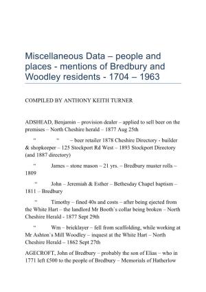 Mentions of Bredbury and Woodley Residents - 1704 – 1963