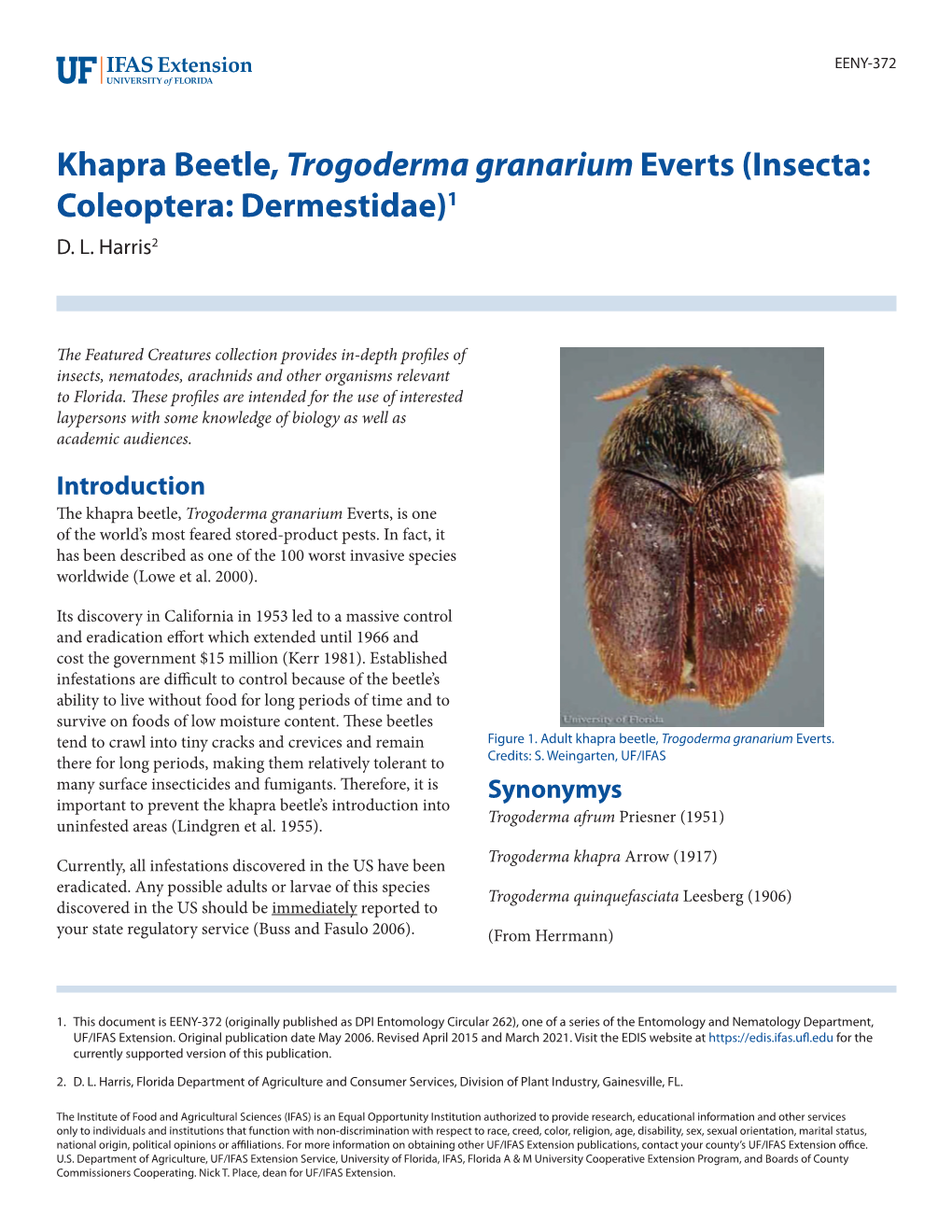 Khapra Beetle, Trogoderma Granarium Everts (Insecta: Coleoptera: Dermestidae)1 D