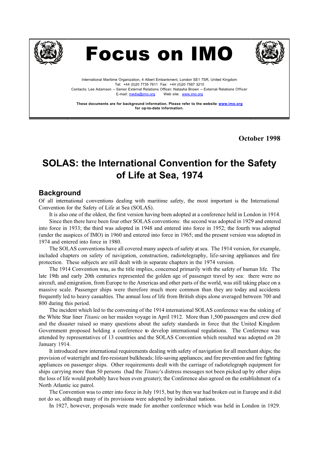 Focus on IMO October 1998: SOLAS
