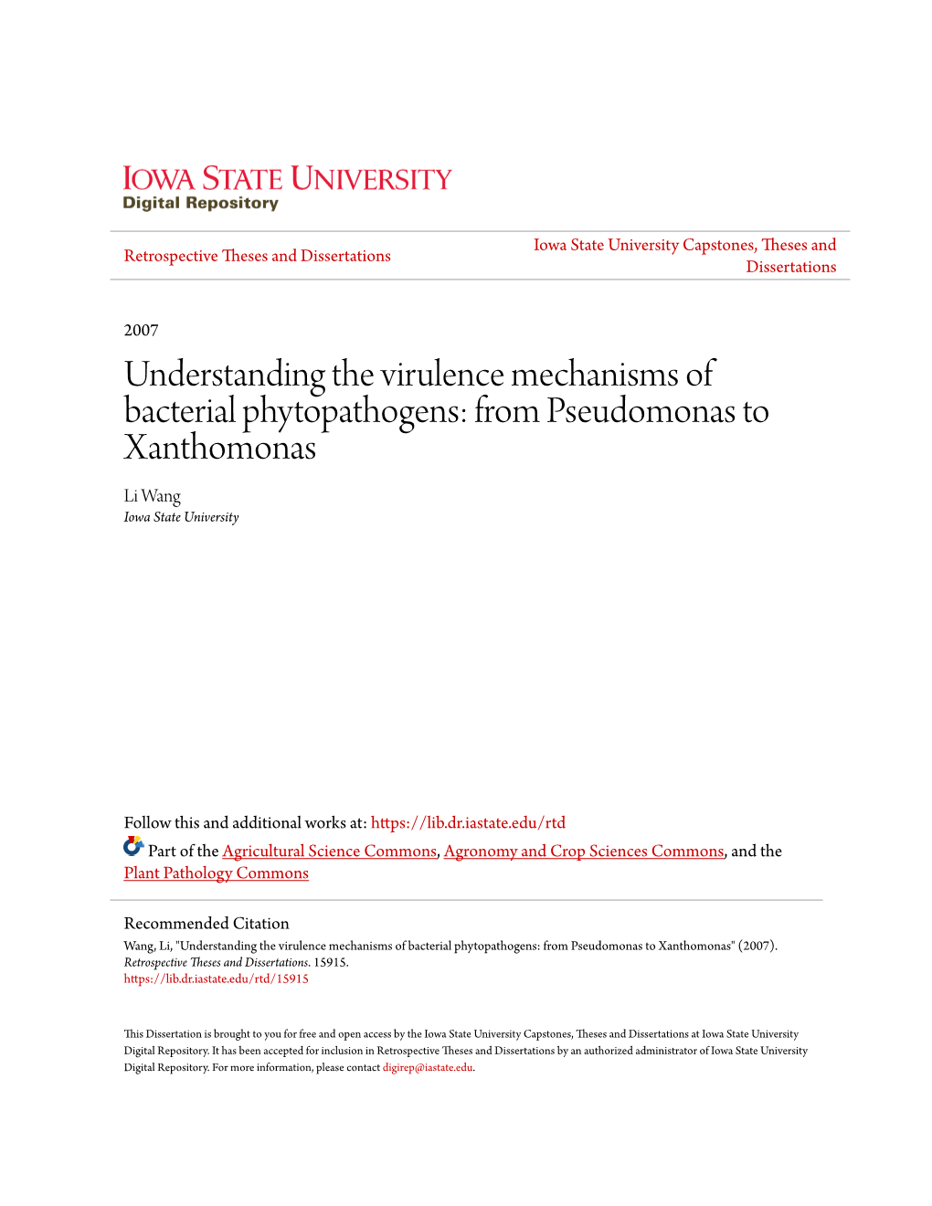 From Pseudomonas to Xanthomonas Li Wang Iowa State University