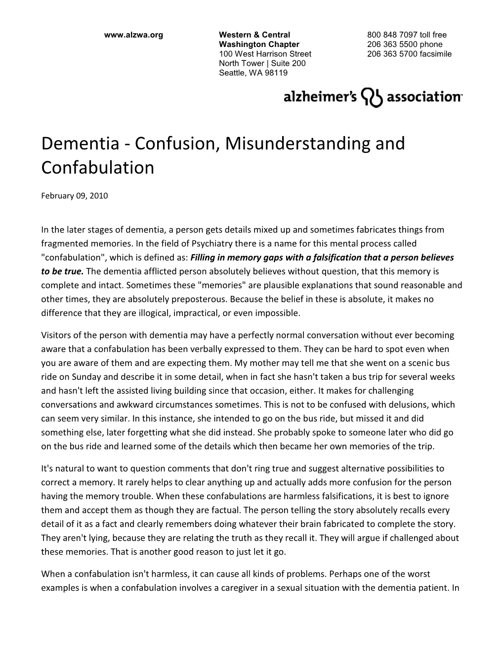 Dementia - Confusion, Misunderstanding and Confabulation