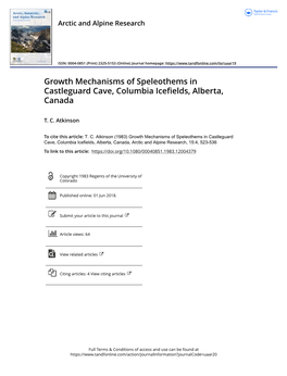 Growth Mechanisms of Speleothems in Castleguard Cave, Columbia Icefields, Alberta, Canada
