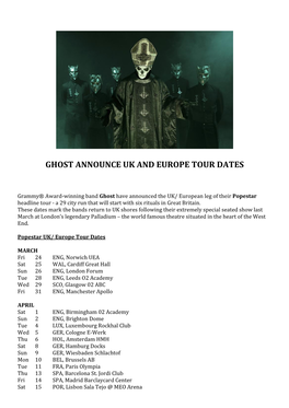 Ghost Announce Uk and Europe Tour Dates