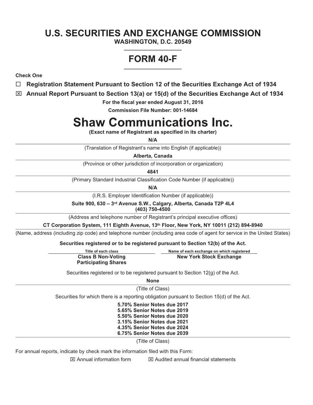 Shaw Communications Inc. (Exact Name of Registrant As Specified in Its Charter)