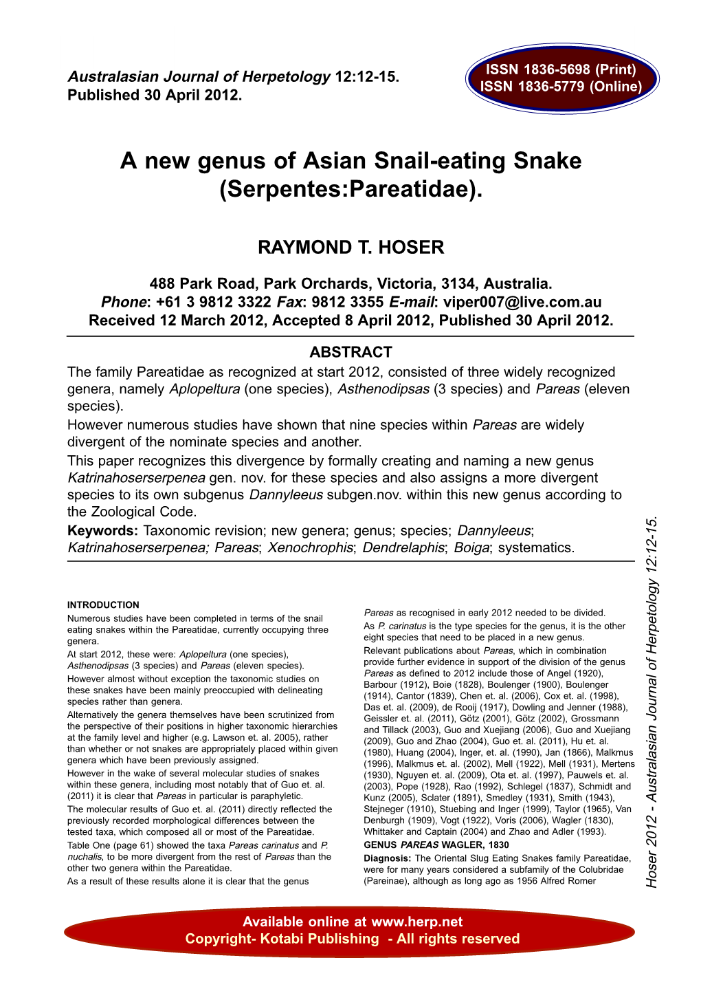 A New Genus of Asian Snail-Eating Snake (Serpentes:Pareatidae)