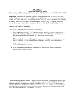 FACT SHEET* Nationwide Number Portability Notice of Proposed