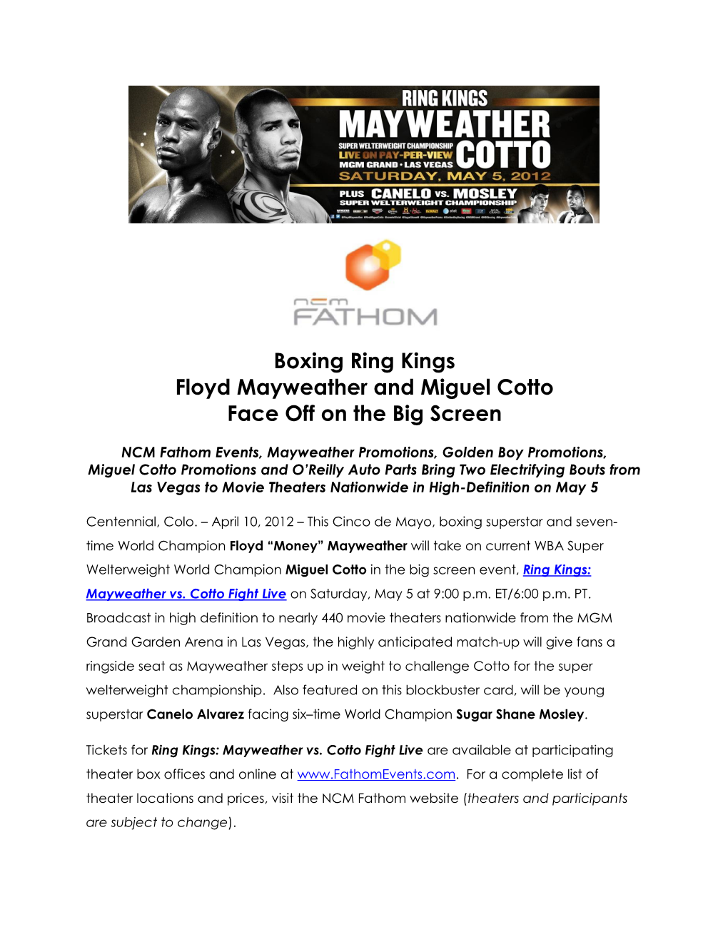 Ring Kings: Mayweather Vs. Cotto Fight Live on Saturday, May 5 at 9:00 P.M