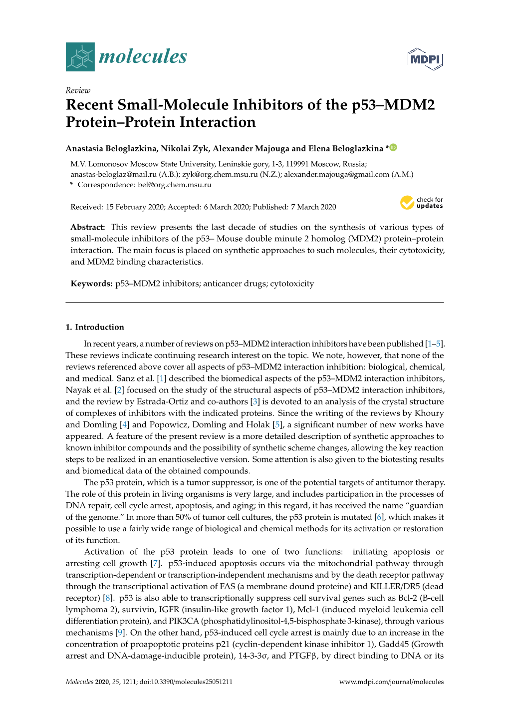 Recent Small-Molecule Inhibitors of the P53–MDM2 Protein–Protein Interaction