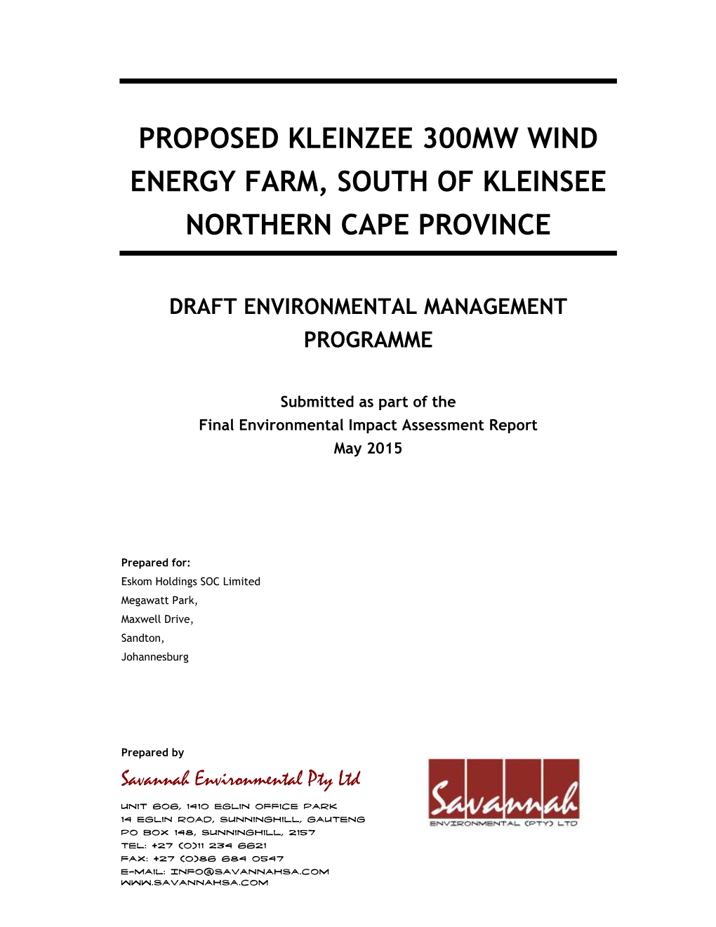 Proposed Kleinzee 300Mw Wind Energy Farm, South of Kleinsee Northern Cape Province